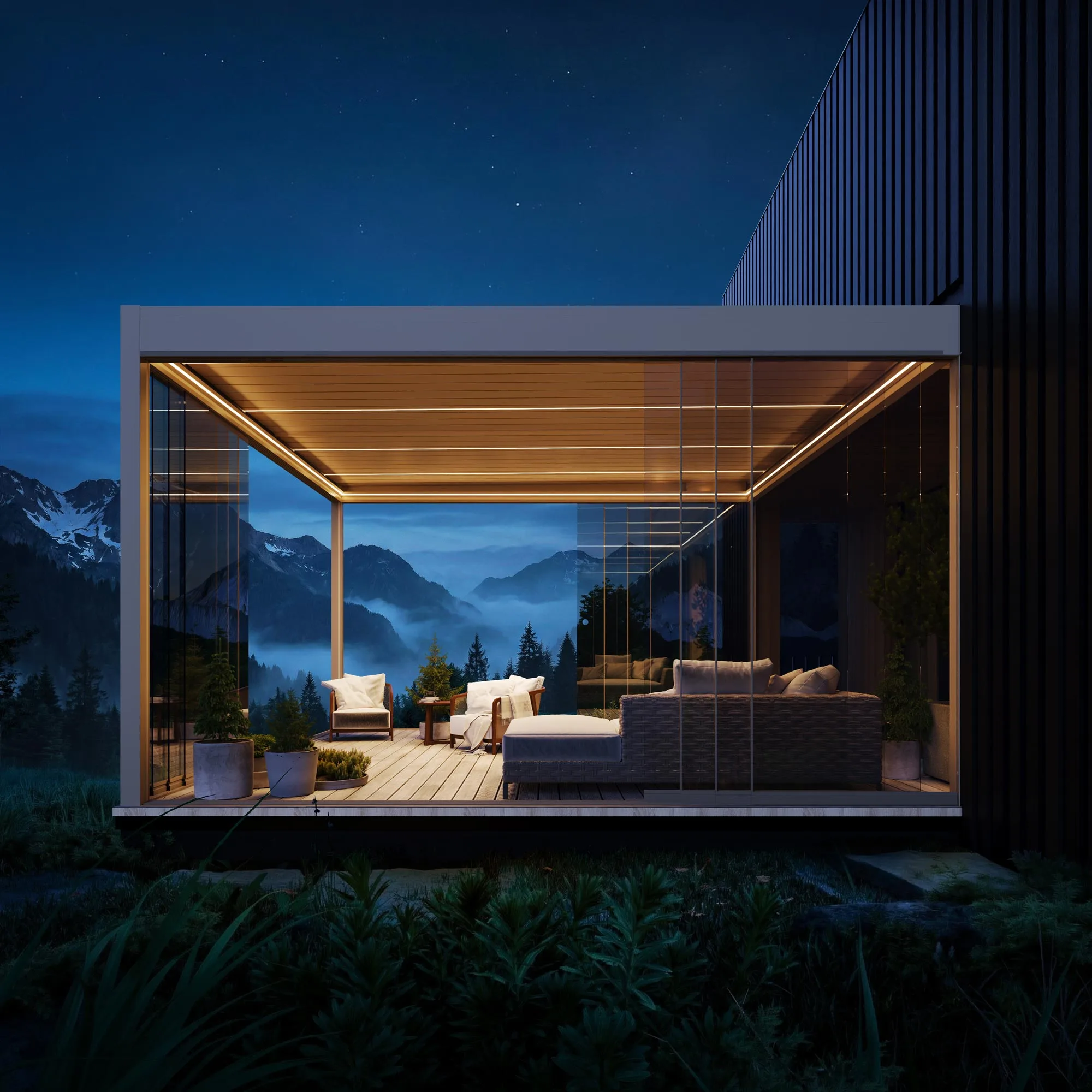 Louvered pergola at night with integrated LED lighting in Dublin
